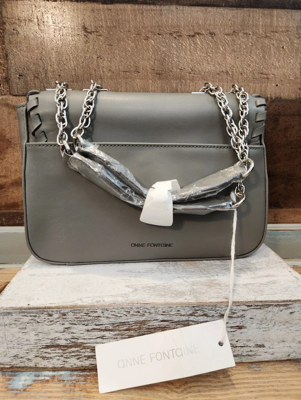 Anne Fontaine Gray Rose-Embossed Crossbody with Woven Edge